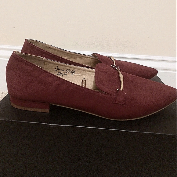 Jessica Carlyle Shoes - Jessica Carlyle Burgundy Suede Loafers with Decorative Gold Band